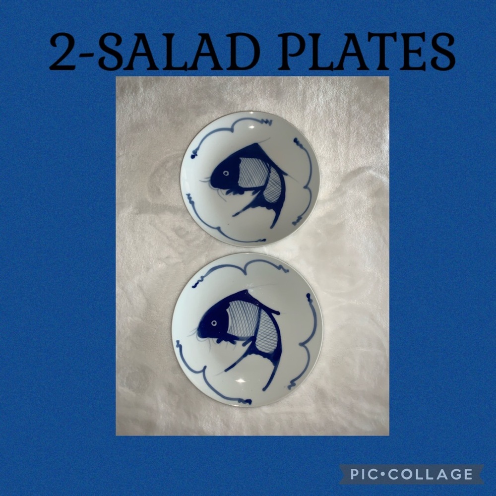 Vintage (2) Chinese KOI Carp Catfish Salad Plates Blue White Porcelain 7.25"